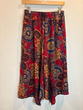Red and Blue Ethnic Floral Print Wide-Leg Palazzo Pants